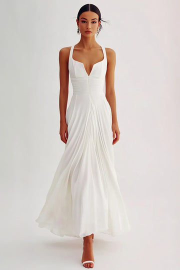 Flowy White Chiffon V Neck Ruched A Line Long Formal Dress
